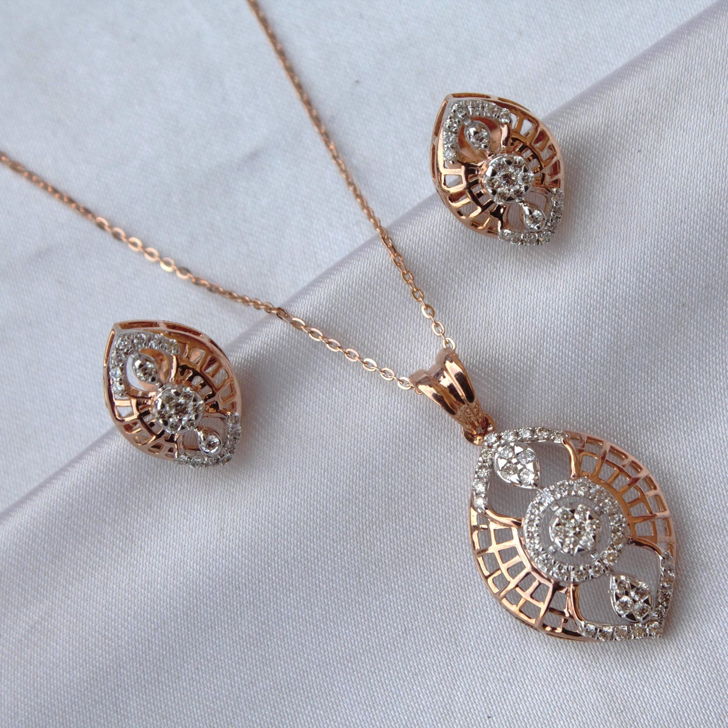 Rose Gold Pendant Earring Set, 18k Solid Gold Diamond Jewelry, Real Diamond Necklace with Stud Earrings, IGI Certified Diamond Jewelry Gift