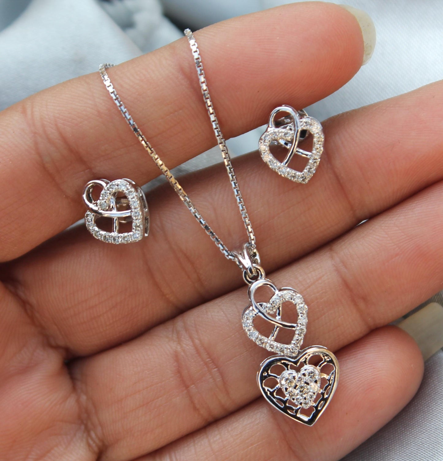 Heart Shape White Gold Pendant Earrings Set, Perfect Gift For Valentines Day, Natural Diamond Gold Jewelry Set, 18k Gold Pendant With Chain