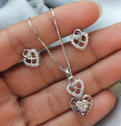 Heart Shape White Gold Pendant Earrings Set, Perfect Gift For Valentines Day, Natural Diamond Gold Jewelry Set, 18k Gold Pendant With Chain
