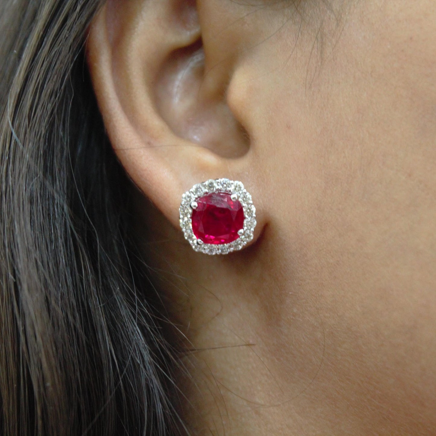 Cushion Ruby with Natural Diamond Jewelry Set, Solitaire Halo Pendant with Stud Earrings, 18k White Gold Jewelry, Engagement Gift for Bride