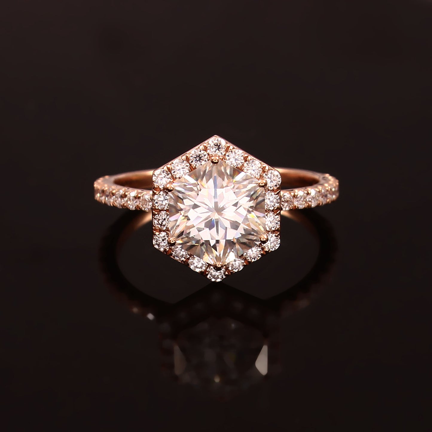 Moissanite Hexagon Ring, Side Melee Stones Ring, 7.5 MM Moissanite Jewelry, Designer Wedding Ring for Bride, Statement Solid Gold Ring Gifts