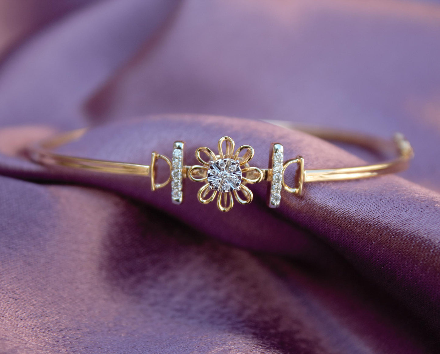 14K Solid Gold Bracelet, Flower Design Natural Diamond Bangle Bracelet,  IG Certified Cuff Bangle Bracelet Gift For Her, Stackable Bracelet