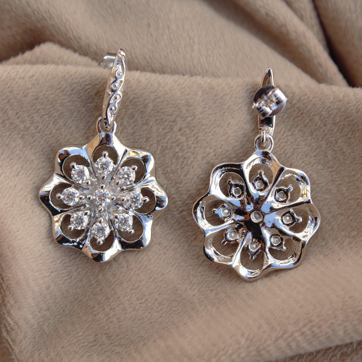 Floral Shape Moissanite Silver Earrings, 925 Sterling Silver Earrings for Women, Vintage Look Earrings, Flower Earrings, Anniversary Gift