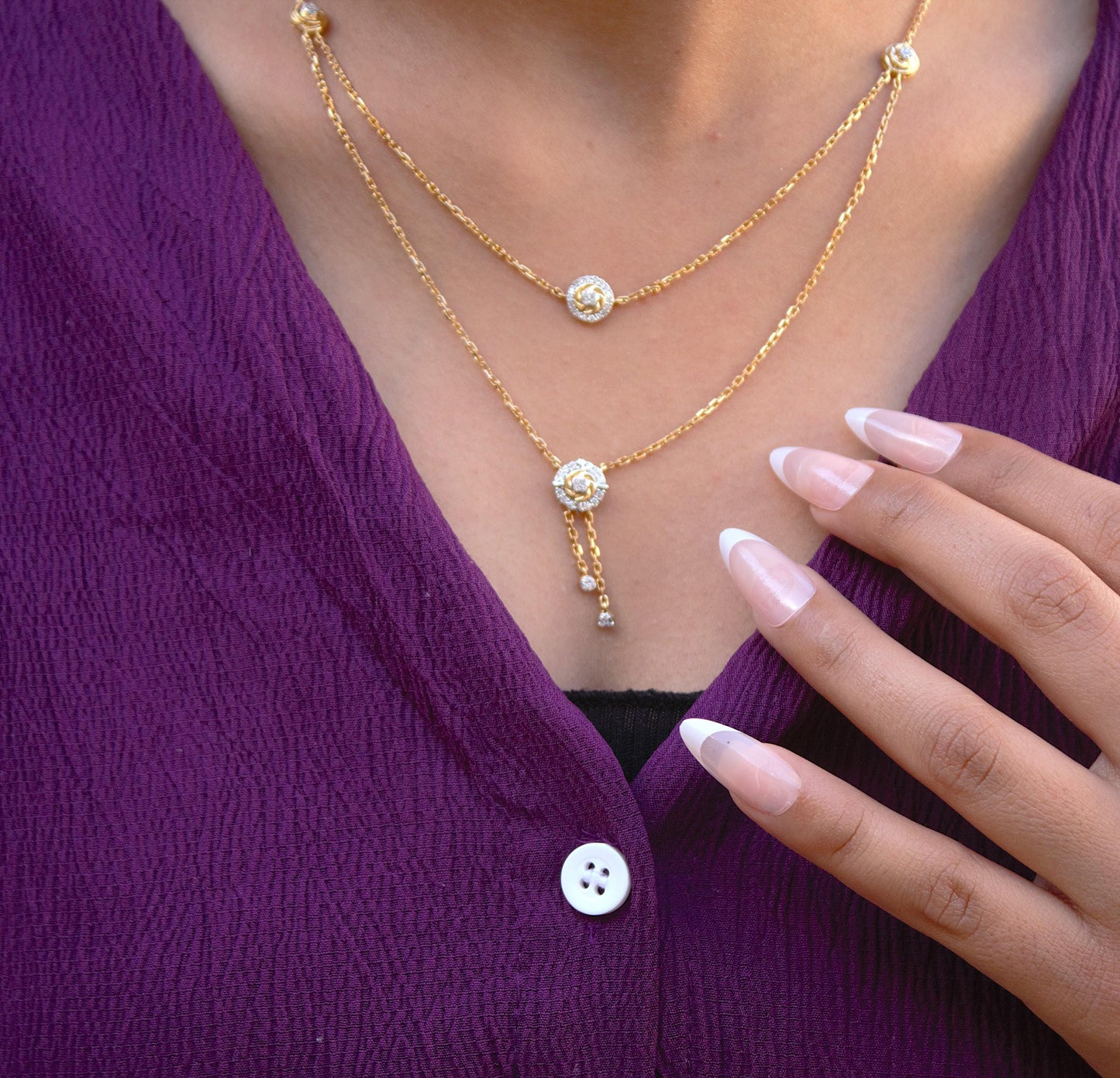 14k Solid Yellow Gold Double Layered Necklace, IGI Certified Gold Diamond Layering Necklace, 16 Inch Timeless Gold Necklace,Delicate Jewelry