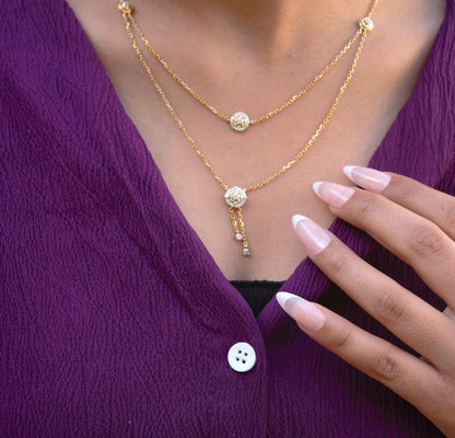 14k Solid Yellow Gold Double Layered Necklace, IGI Certified Gold Diamond Layering Necklace, 16 Inch Timeless Gold Necklace,Delicate Jewelry