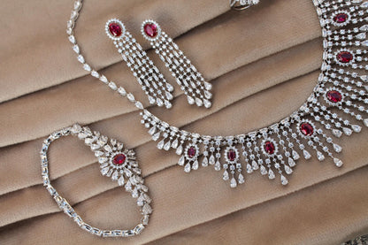 Cubic Zirconia Silver Wedding Jewelry Set, CZ with Synthetic Ruby Necklace Set, 925 Sterling Silver Victorian Necklace-Earring-Ring-Bracelet