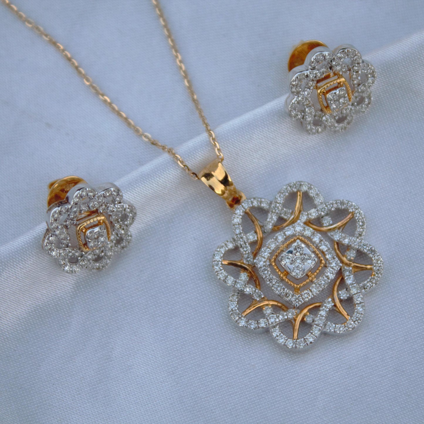 18k Yellow Gold Designer Necklace Earrings Set, Real Diamond Jewelry Set for Bridesmaids, Halo Jewelry in Gold, Anniversary Gift for Wife