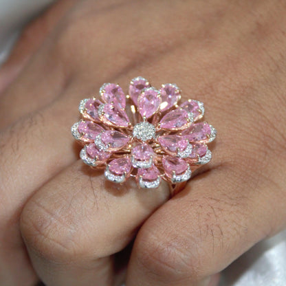 Pink Sapphire & Natural Diamond Flower Ring, Solid Gold Statement Jewelry, Elegant Natural Diamond Ring, Floral Fine Jewelry Gift for Women