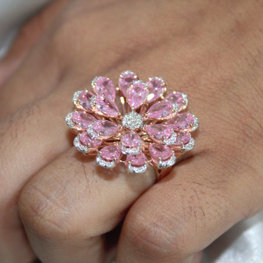 Pink Sapphire & Natural Diamond Flower Ring, Solid Gold Statement Jewelry, Elegant Natural Diamond Ring, Floral Fine Jewelry Gift for Women