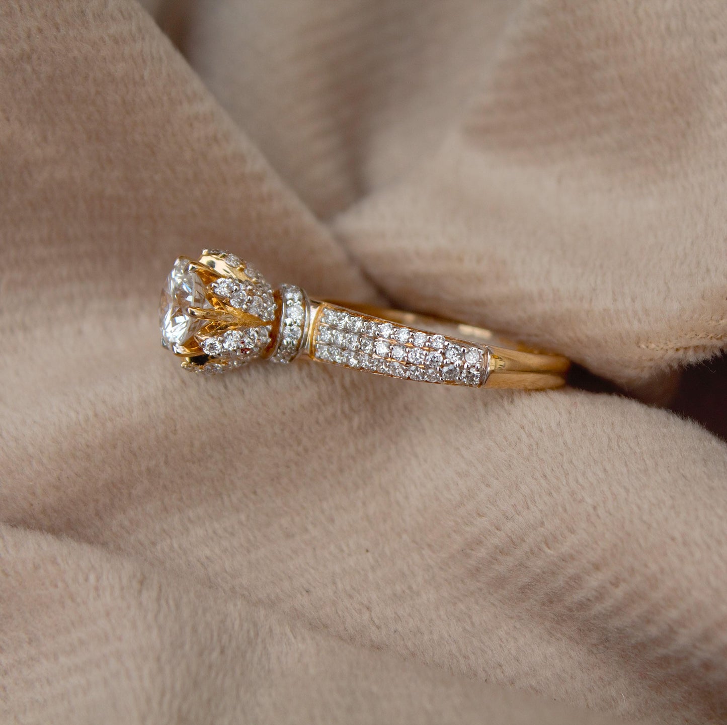 14k Solid Yellow Gold Ring, Lab Grown Diamond Ring For Gift, Designer Halo Ring For Anniversary Gift, Perfect Diamond Ring For New Year Gift