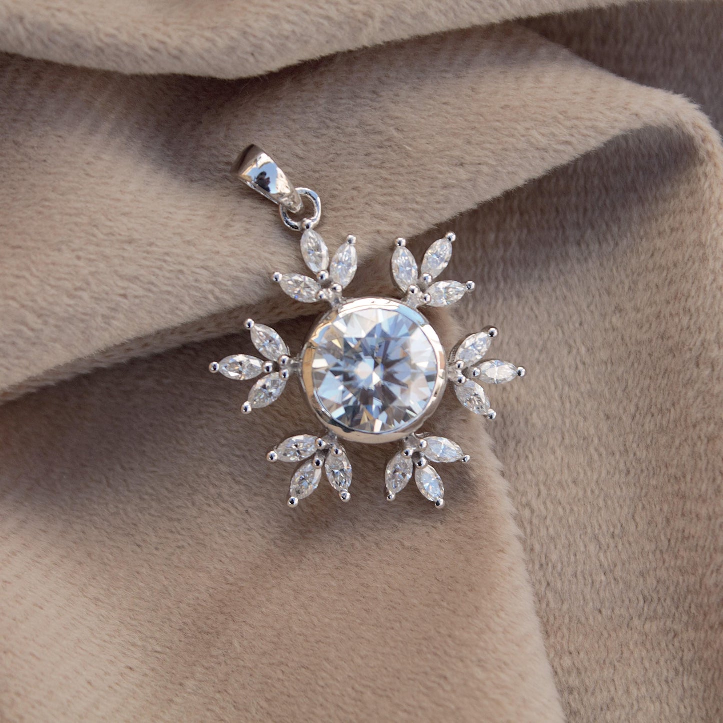 Colorless Moissanite 925 Sterling Silver Pendant for Chain, Floral Design Pendant, Marquise and Round Cut Stone Pendant, Birthday Gift