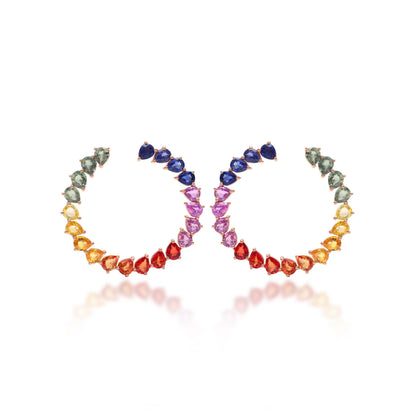 Rainbow Sapphire Big Hoops Earrings, Huggie Earrings, 14K Gold Earrings for Bride, Statement Gold Earrings, Multi Color Wedding Earrings
