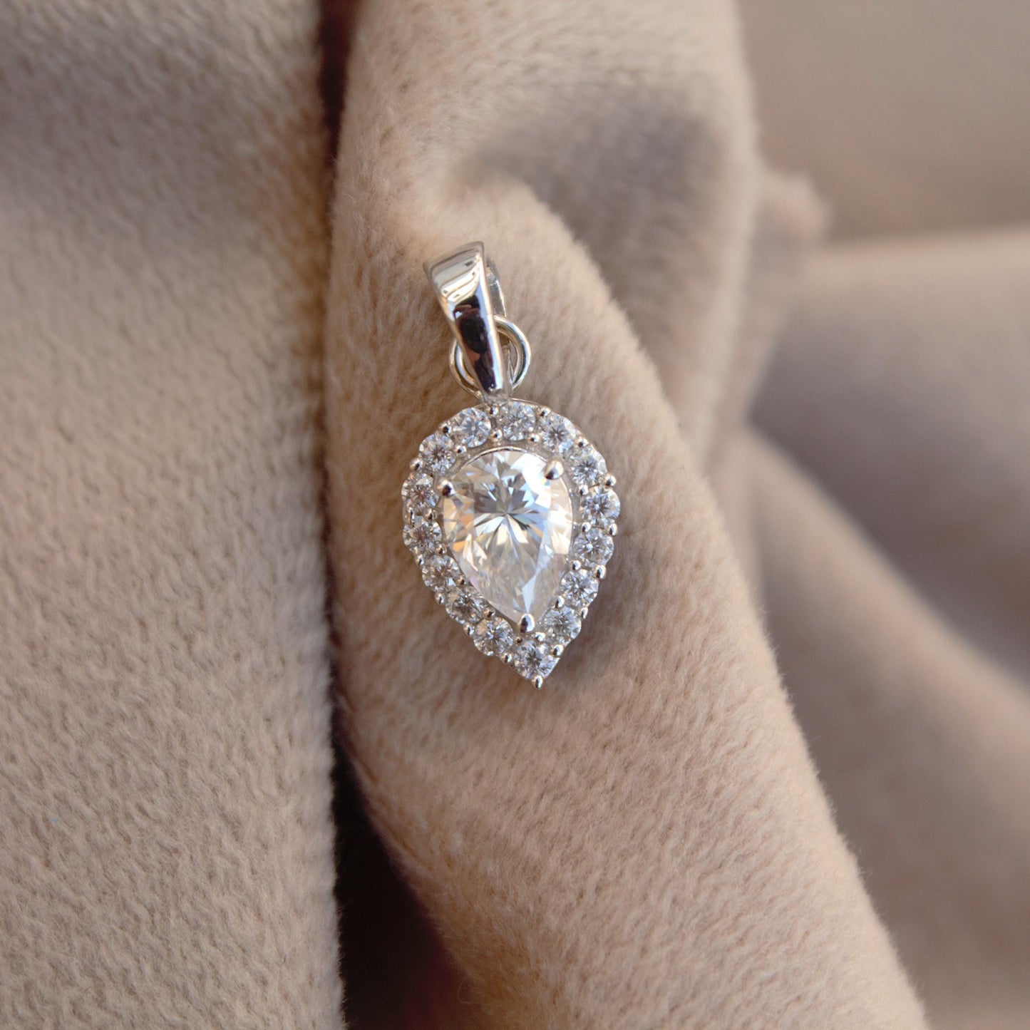 Solitaire Halo Pendant in 925 Sterling Silver, Pear Cut Moissanite Charm Pendant, Dainty Silver Pendant for Chain, Minimalist Jewelry Gift