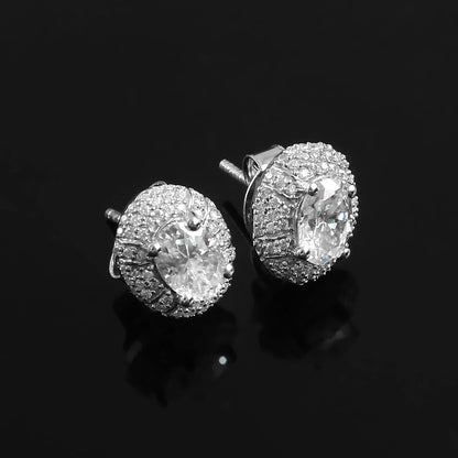 18K Gold Halo Earrings, White Gold Stud Earring, Colorless Moissanite Stud Earrings, Oval Stud Earrings, 14K Gold Wedding Earrings for Women