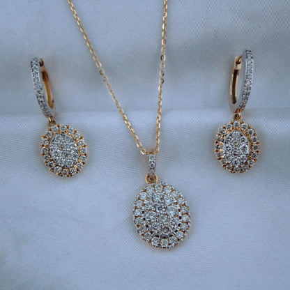 Statement Solid18k Yellow Gold Diamond Jewelry Set, Natural Diamonds Pendant Necklace with Hoop Dangle Earrings, Dainty Elegant Gold Jewelry