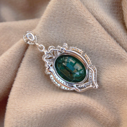 Oval & Round Silver Pendant, Delicate Sterling Silver Pendant, Emerald Inclusion With Moissanite Silver Pendant, Birthday Gift for Daughter