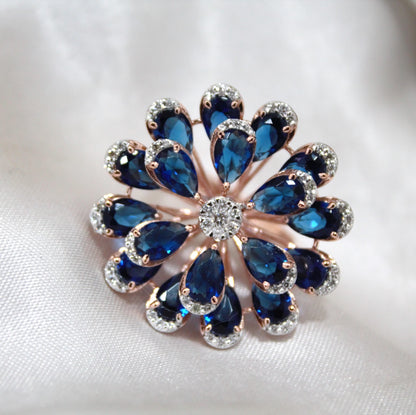 Blue Sapphire & Diamond Flower Ring, Handmade Solid Gold Solitaire Jewelry, Victorian Style Elegant Designer Floral Jewelry for Engagement