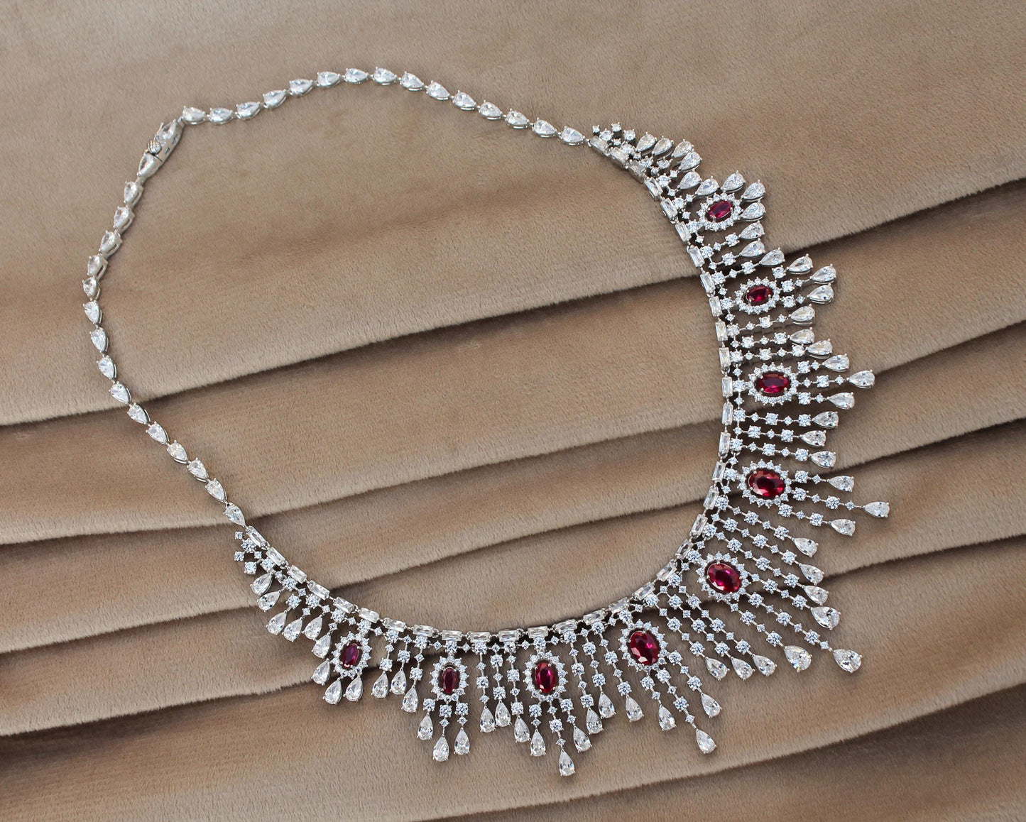 Cubic Zirconia Silver Wedding Jewelry Set, CZ with Synthetic Ruby Necklace Set, 925 Sterling Silver Victorian Necklace-Earring-Ring-Bracelet