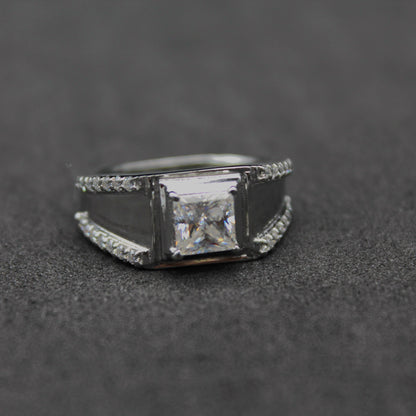 Princess Cut With Side Round Moissanite Ring, Men's Wedding Ring, Unique Silver Ring, Moissanite Jewelry for Him, 925 Sterling Silver Ring