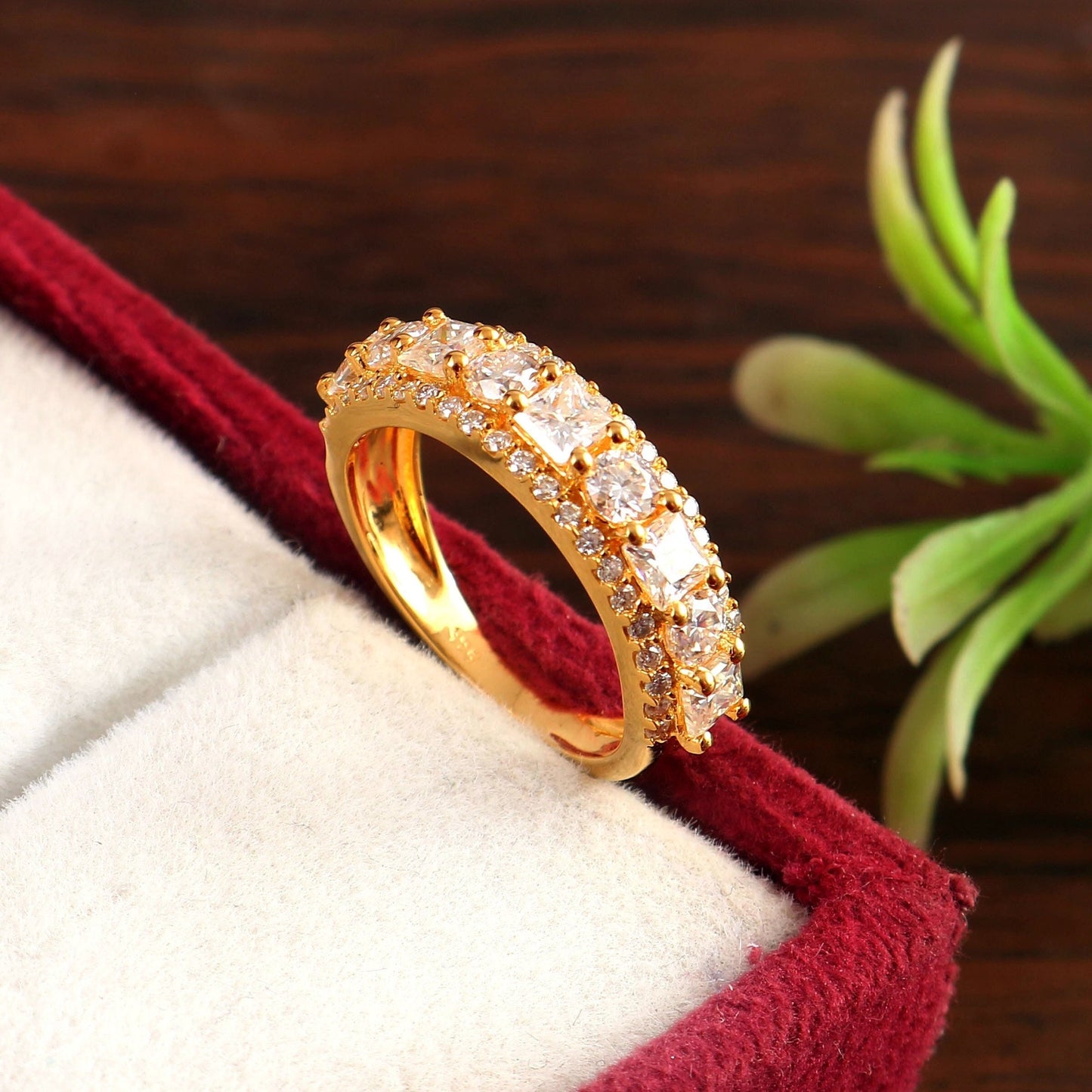 Round Cut Moissanite Half Eternity Ring, Minimalist Proposal Ring, 14K-18K Solid Gold Ring, Solitaire Gold Ring, Dainty Ring For Engagement