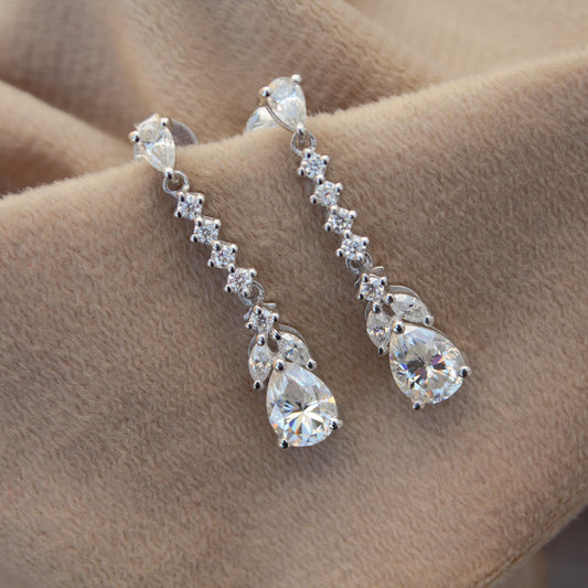 Drop and Dangle Moissanite Silver Earrings, 925 Sterling Silver Long Dangle Earrings for Women, Moissanite Jewelry, Propose Gift for Her