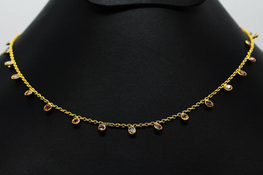 Multi Sapphire Charm Necklace, September Birthstone Necklace, Bezel Set Chain Necklace, 925 Silver Necklace For Her, Lobster Claw Necklace