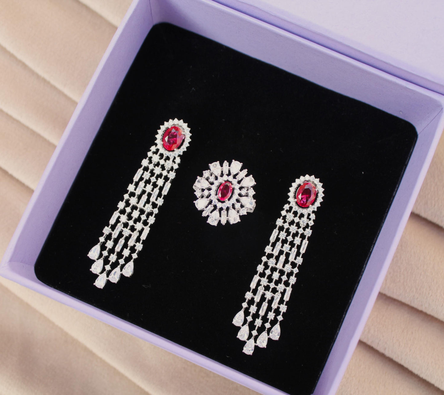 Cubic Zirconia Silver Wedding Jewelry Set, CZ with Synthetic Ruby Necklace Set, 925 Sterling Silver Victorian Necklace-Earring-Ring-Bracelet