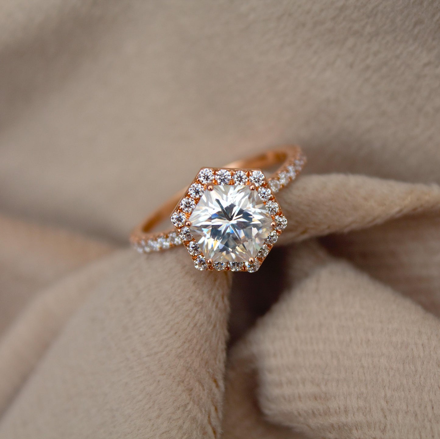 14K Rose Gold Moissanite Ring, Hexagon Ring, Art Deco Wedding Ring, Promise Ring, Vintage Halo Ring, Delicate Moissanite Gold Ring For Wife