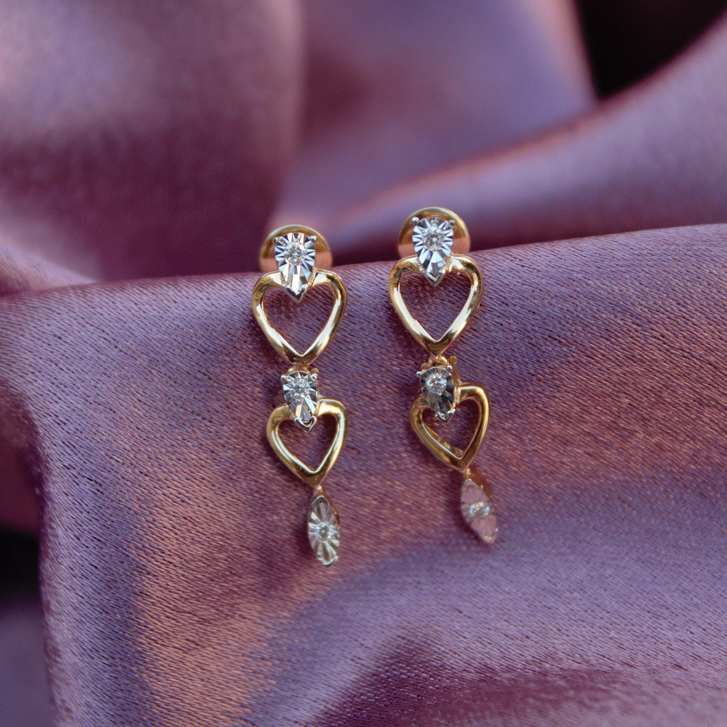 0.07 Carat Natural Diamonds Earrings, Real Diamond Solid Gold Jewelry, Heart Shape Dangle Earrings, 14K Gold With IGI Certified Jewelry