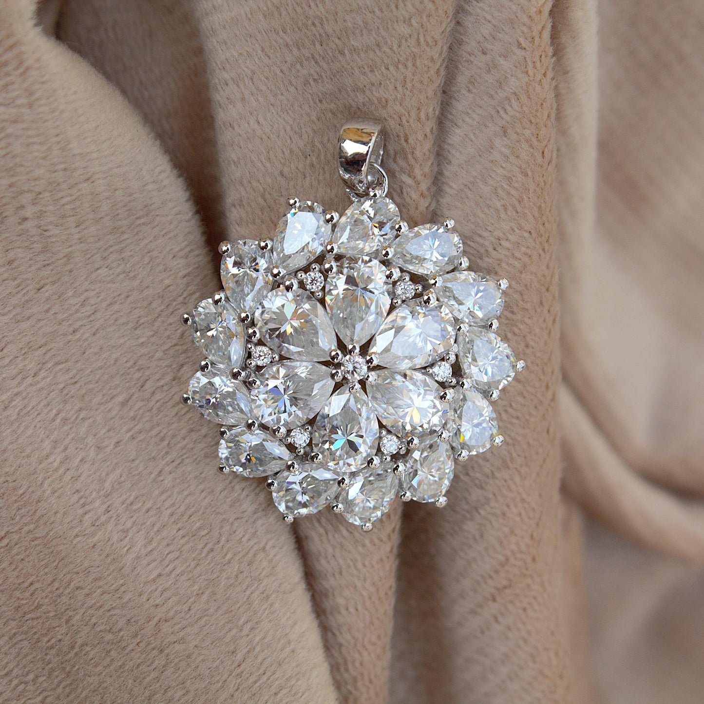 White Moissanite 925 Sterling Silver Pendant, Statement Silver Jewelry for Women, Floral Design Pendant, Pear Shape Pendant, Wedding Jewelry