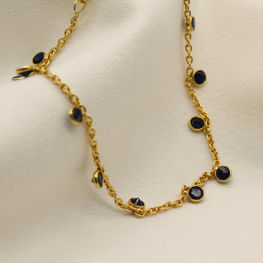 Blue Sapphire Charm Necklace and Bracelet, 925 Sterling Silver Chain Necklace, Bezel Necklace Bracelet Set, Adjustable Chain Necklace