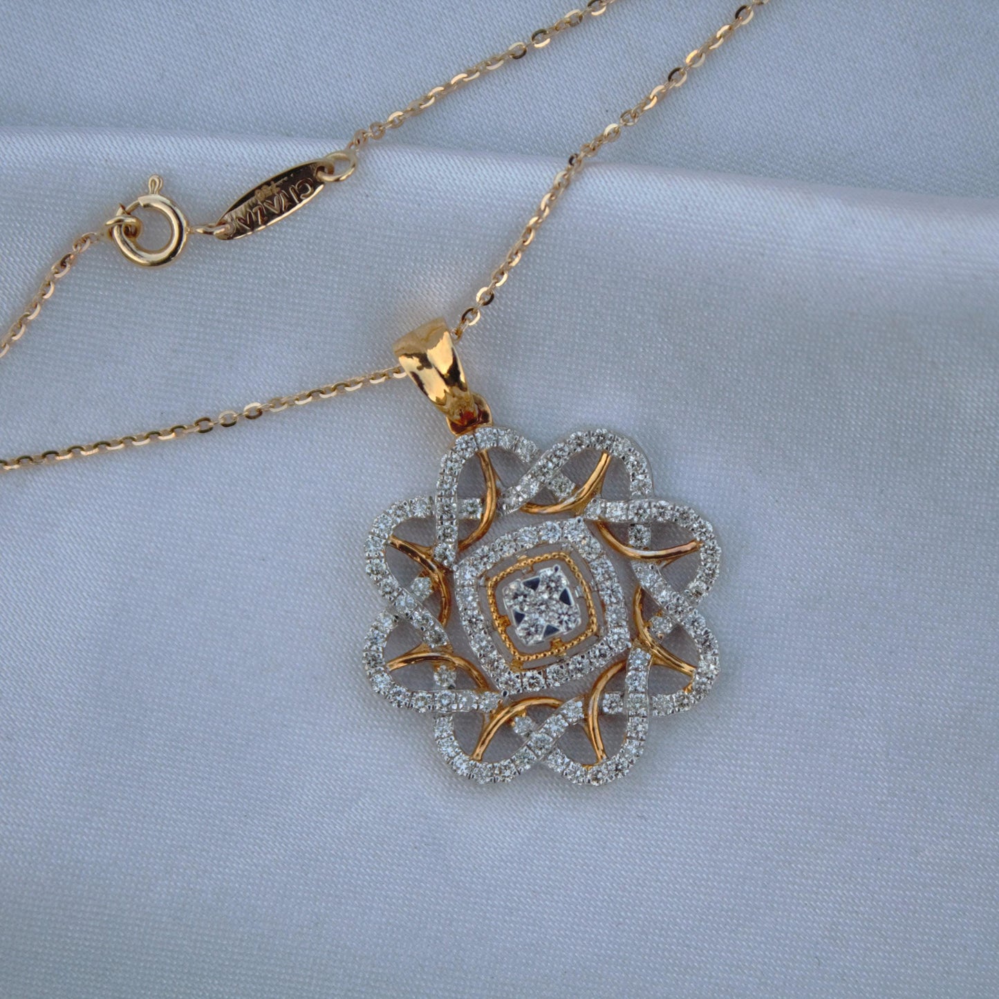 18k Yellow Gold Designer Necklace Earrings Set, Real Diamond Jewelry Set for Bridesmaids, Halo Jewelry in Gold, Anniversary Gift for Wife