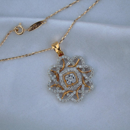 18k Yellow Gold Designer Necklace Earrings Set, Real Diamond Jewelry Set for Bridesmaids, Halo Jewelry in Gold, Anniversary Gift for Wife