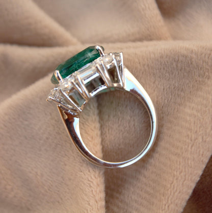 Cushion Emerald Inclusion with Moissanite Ring, Green Gemstone Silver Jewelry, 925 Silver Statement Ring For Anniversary Gift