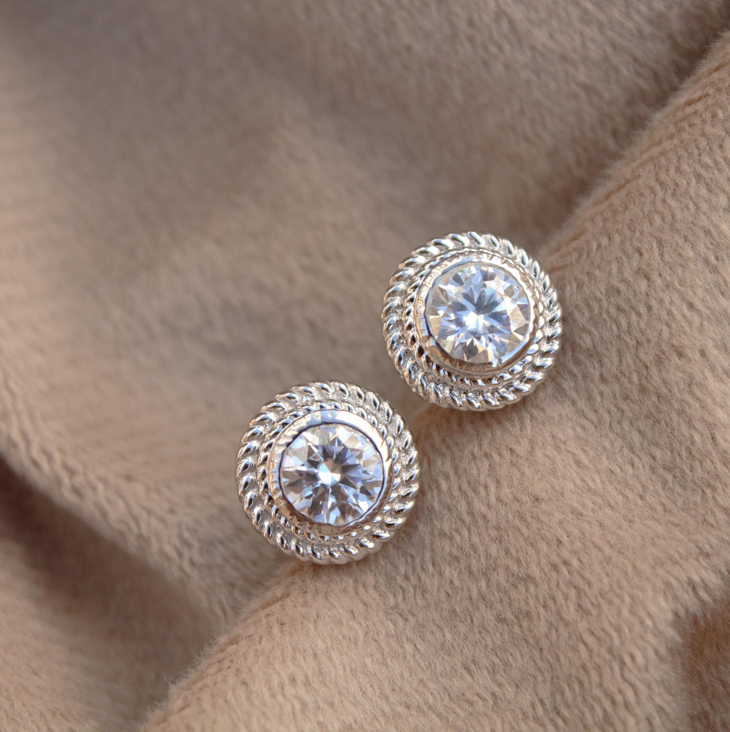 Round Moissanite Bezel Setting Earrings, Push Back Minimalist Silver Earrings, Anniversary Gift for Wife, Designer Solitaire Stud Earrings