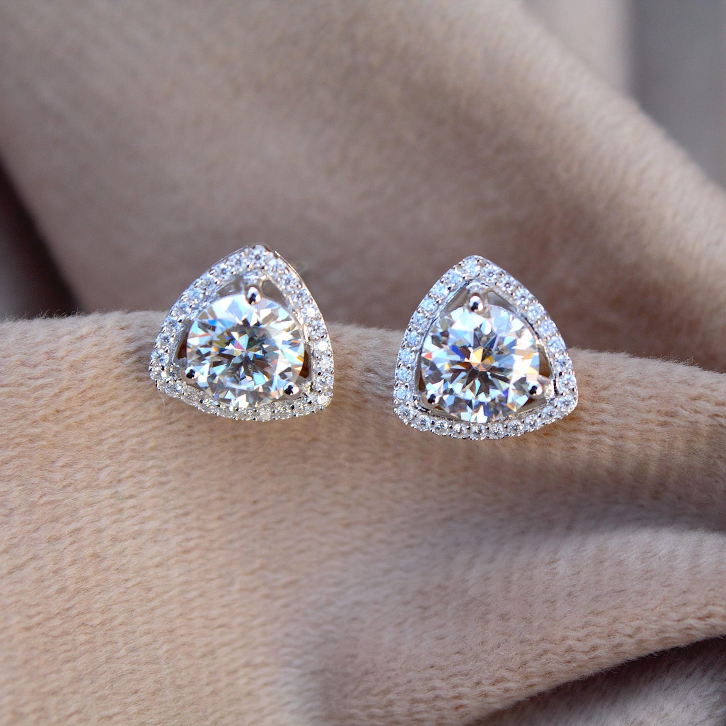 Silver Stud Moissanite Earrings for Her, Solitaire Halo Stud Earrings, Trillion Shape Earrings, Round Cut Earrings, 925 Sterling Silver Stud