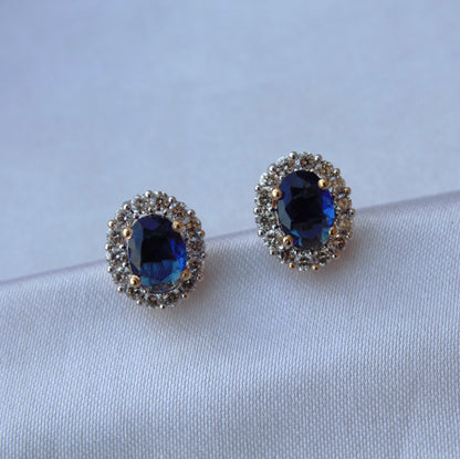 Blue Sapphire with Real Diamonds Jewelry Set, Oval Cut Solitaire Halo Pendant with Stud Earrings, 18k Yellow Gold Jewelry Set for Bridesmaid