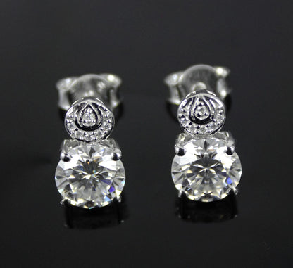 Statement Moissanite Stud Dangle Earrings, Round Cut White Stone Everyday Earrings, 925 Sterling Silver Push Back Earrings, Ready To Ship