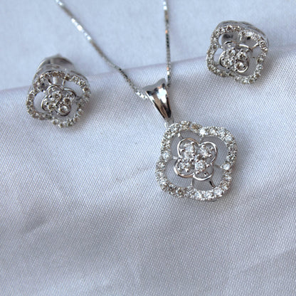 Solitaire Halo Diamond Jewelry Set, 18k White Gold Real Diamond Necklace with Earrings, Dainty Charm Pendant with Stud Earrings for Women