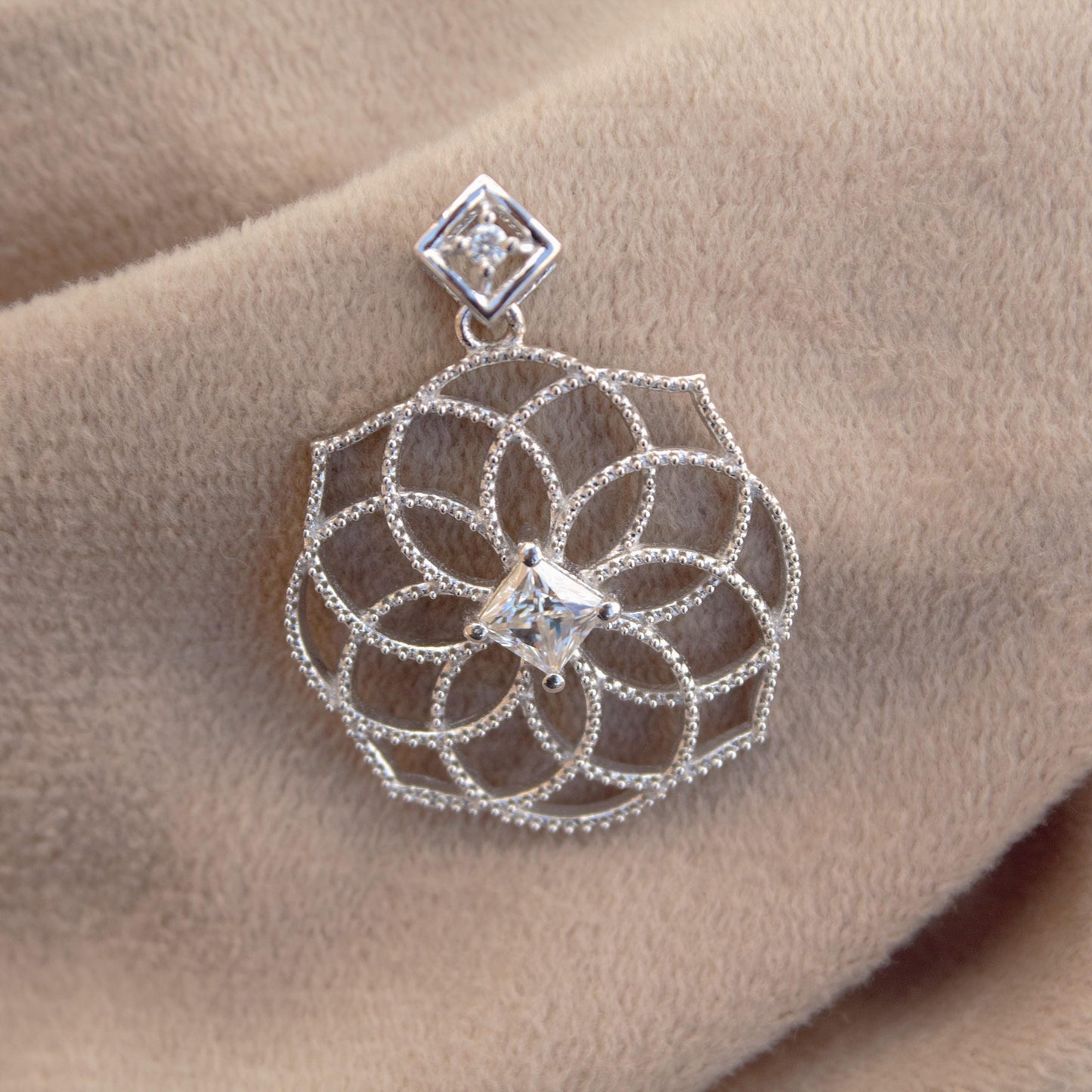 Seed of Life Chakra Pendant, Princess Cut Moissanite Pendant, Designer Healing Jewelry, Handmade Vintage Pendant, Perfect for Birthday Gift