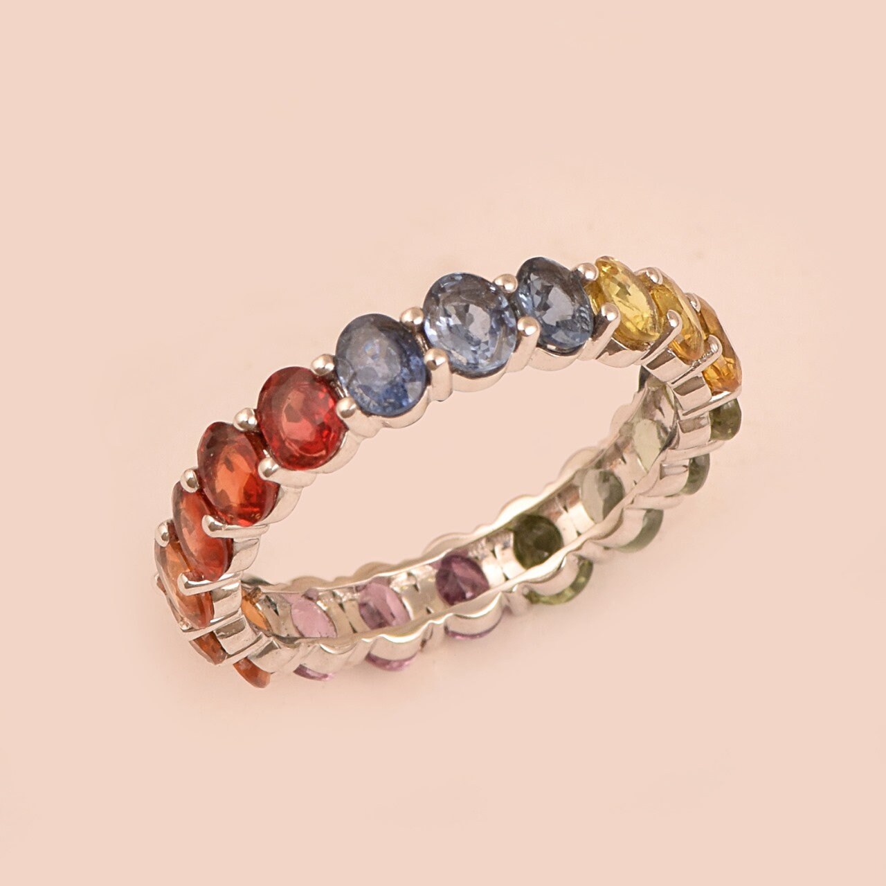 Multi Sapphire Oval Eternity Band, Natural Stone Ring, Wedding Band for Bride, Oval Sapphire Ring, Healing Ring, Real Gold Jewelry for Her