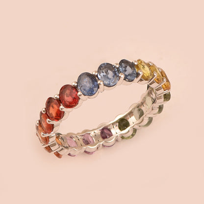 Multi Sapphire Oval Eternity Band, Natural Stone Ring, Wedding Band for Bride, Oval Sapphire Ring, Healing Ring, Real Gold Jewelry for Her