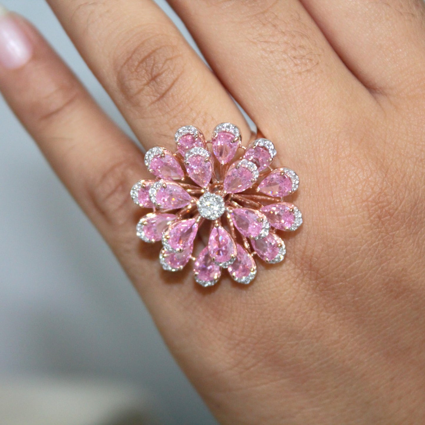 Pink Sapphire & Natural Diamond Flower Ring, Solid Gold Statement Jewelry, Elegant Natural Diamond Ring, Floral Fine Jewelry Gift for Women