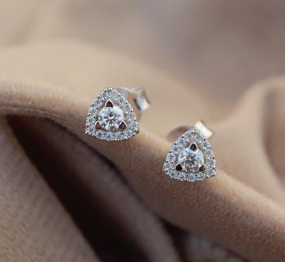 925 Sterling Silver Moissanite Stud Earrings, Trillion Shape Tiny Earrings for Girls, Round Cut Handmade Halo Earrings, Minimalist Studs