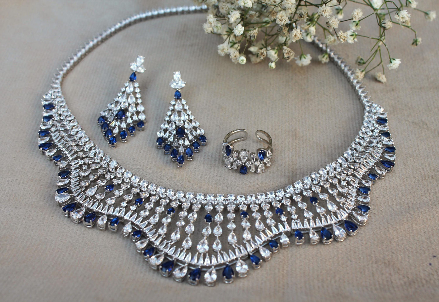 Cubic Zirconia Silver Jewelry Set, Choker Necklace with Earring-Ring-Bracelet, Designer 925Sterling  Jewelry Set Perfect Valentines Day Gift