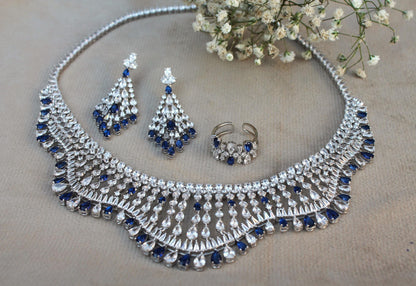 Cubic Zirconia Silver Jewelry Set, Choker Necklace with Earring-Ring-Bracelet, Designer 925Sterling  Jewelry Set Perfect Valentines Day Gift