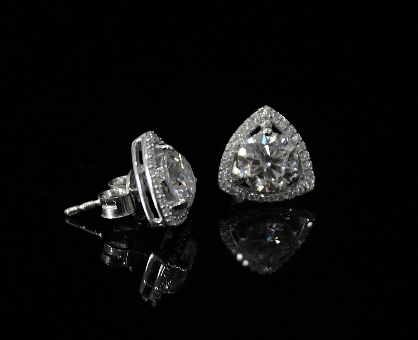 Silver Stud Moissanite Earrings for Her, Solitaire Halo Stud Earrings, Trillion Shape Earrings, Round Cut Earrings, 925 Sterling Silver Stud