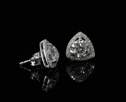 Silver Stud Moissanite Earrings for Her, Solitaire Halo Stud Earrings, Trillion Shape Earrings, Round Cut Earrings, 925 Sterling Silver Stud
