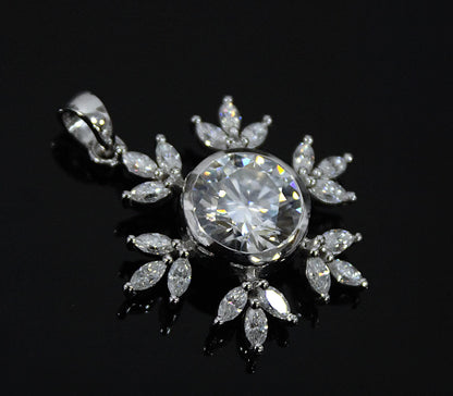 Colorless Moissanite 925 Sterling Silver Pendant for Chain, Floral Design Pendant, Marquise and Round Cut Stone Pendant, Birthday Gift