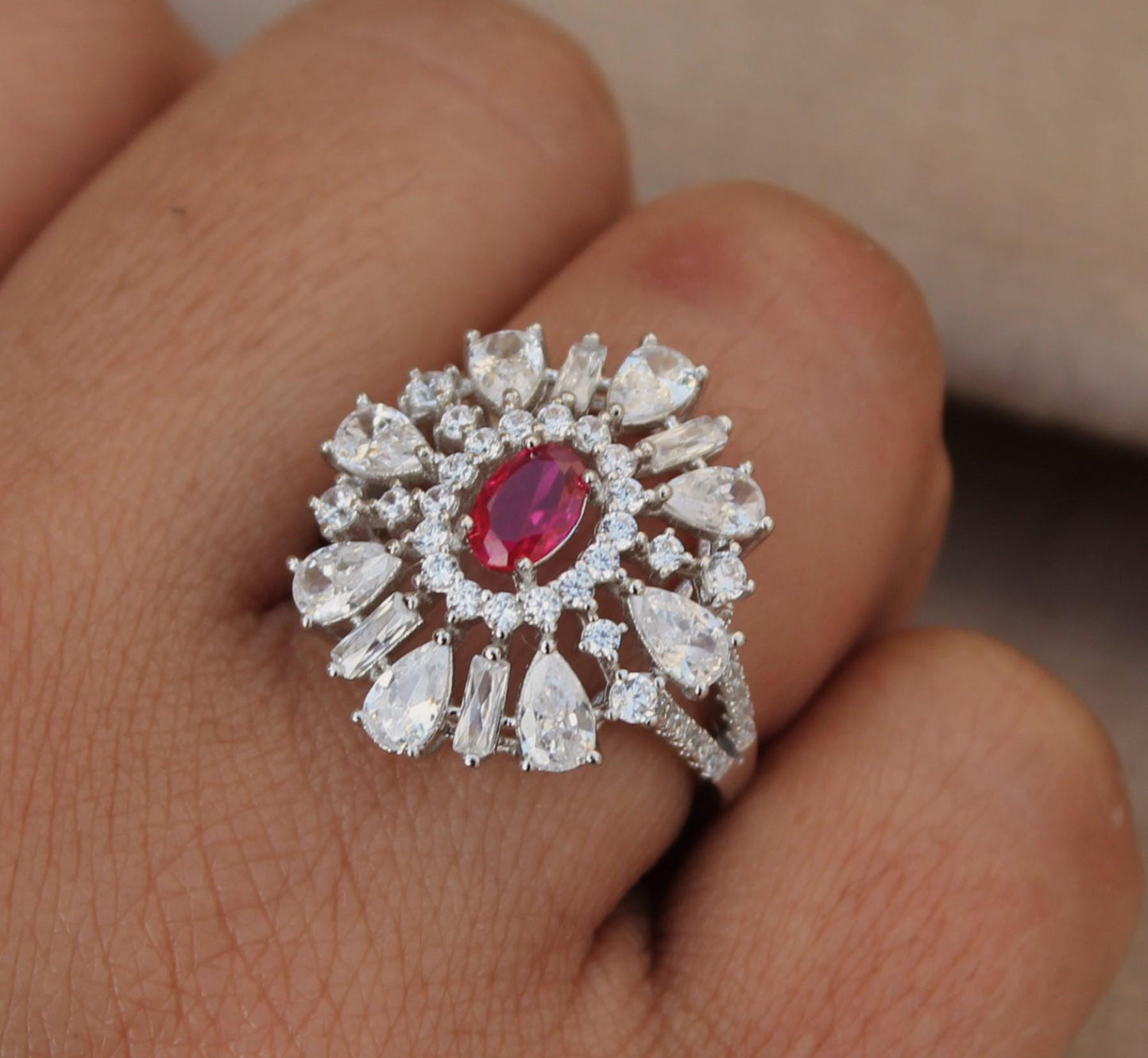 Cubic Zirconia Silver Wedding Jewelry Set, CZ with Synthetic Ruby Necklace Set, 925 Sterling Silver Victorian Necklace-Earring-Ring-Bracelet